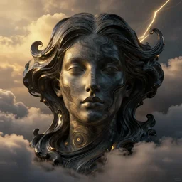 epic, abstract sculpture of beautiful female face and black swirling liquifying acrylic portrait, fluffy clouds, golden hour, beautiful light, 3 d sculpture of carving marble, dark colors, dark mood, one point lightning, golden spirals, epic matte painting, concept art