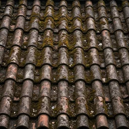 texture of an old abandoned mossy roof tiles