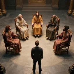 6 Gods seated in high chairs in a semi circle granting a wish to the man standing in front of them at the center of a circle