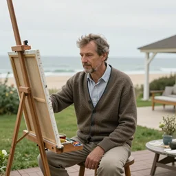 a middle aged man wearing a cardigan sitting at a painting easel in his beachside backyard by antoine blanchard