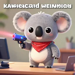 “ cute koala with very big eyes, wearing a bandana and chain, holding a laser gun, standing on a desk, digital art, award winning ”