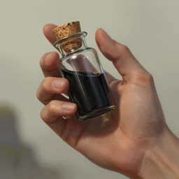 epic detailed digital art of a hand holding a single small corked vial of viscous black liquid; magic the gathering art by Volkan Baga, artstation