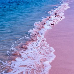 blue purple and pink colored ocean waves rolling into the beach, high resolution, 8k