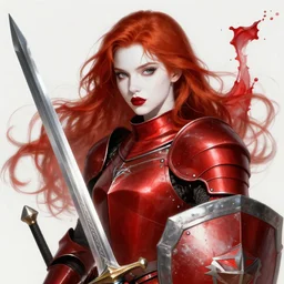 splash art for beautiful female templar, face details, red armor, redhead, white skin, lipstick, sword and shield, extremely detailed, smooth, sharp focus, digital illustration, by zeronis