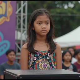 Outdoor video footage, An Indonesian girl on the small stage at the summer festival; day, Color VHS picture quality with mixed noise