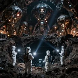 People in hazmat suits holding flashlights inspecting massive alien structures in the dark depths of a pit