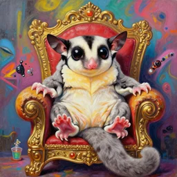 beautiful painting of cute fat sugar glider king chilling on his throne, by sherree valentine daines, peter mohrbacher, alice neel, donato giancola, mike winkelmann, laurie greasley. trending on artstation, 8 k, masterpiece, graffiti, fine detail, full of color, intricate detail, golden ratio illustration
