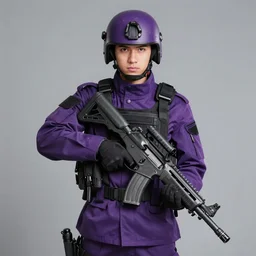 « soldier, full helmet, purple and black clothes, tall young male, dominant, heavy gun, realistic, 8 k »