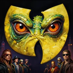 close up sci - fi rap festival poster art simon stalenhag reptile eyes, wu tang clan, elegant, highly detailed, centered, digital painting, concept art, smooth, sharp focus, illustration, artgerm, tomasz alen kopera, peter mohrbacher, donato giancola, joseph christian leyendecker, wlop, frank frazetta