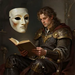 Floating Thespian mask not being worn reading a book, Ivan Aivakovsky, Boris Vallejo, epic fantasy character art, D&D Concept Art, full length, Realistic, Regal, Refined, Detailed Digital Art, Oil Paining, Exquisite detail, post-processing, masterpiece, Cinematic Lighting, Unreal Engine, 8k, HD, Stanley Artgerm Lau, WLOP, Rossdraws, Frank Frazetta, Andrei Riabovitchev, Marc Simonetti, trending on artstation