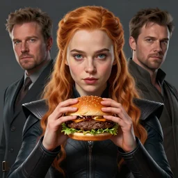 perfectly - centered - portrait of arya stark holding burger, intricate, highly detailed, digital painting, trending artstation, behance, pinterest, concept art, smooth, sharp focus, illustration, realism, unreal engine 5, 8 k, art by dave rapoza and sam spratt
