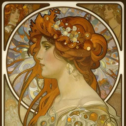 realistic detailed head and shoulders profile portrait of Mia Kirschner by Alphonse Mucha, Ayami Kojima, Amano, Charlie Bowater, Karol Bak, Greg Hildebrandt, Jean Delville, and Mark Brooks, Art Nouveau, Neo-Gothic, gothic, elegant masterpiece portrait of Mia Kischner, rich deep moody colors