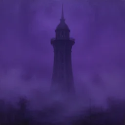 eerie oil painting of a gigantic tower, surrounded by violet mist, midnight