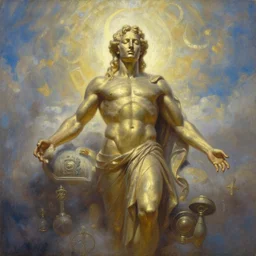 portrait oil painting, an ethereal phil collins as a bronzed god, in heaven, ultra realistic, wide angle, intricate details, artifacts, luminous skies, highly detailed, michael cheval, peter mohrbacher, boris vallejo, jessica rossier, oil painting, highly detailed, cinematic lighting