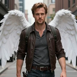handsome! Sam Winchester as a very masculine angel starring a urban fantasy romance book cover, D&D!, fantasy style, sharp focus!, ultra detailed, art by Artgerm and Peter Andrew Jones, WLUP