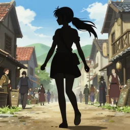 anime visual, portrait of a young female walking through a busy medieval village, yoshinari yoh, dynamic pose, dynamic perspective, detailed silhouette, cel shaded anime