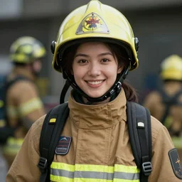 young female firefighter, firefighting gear, smiling, digital portrait by greg rutkowski, intricate, soft focus, highly detailed, cinematic, epic, artstation