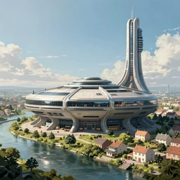 round sci-fi building next to a river and houses, sense of hope, daytime, bright sky, digital art, art station, extremely detailed