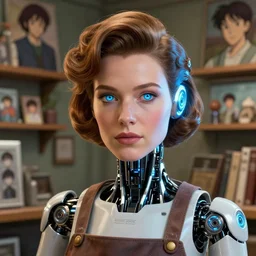 beauty filter. cybertronic led fembot. highly detailed portrait of antje traue as a robotic shopkeep with a retro hairstyle. screenshot from hbo westworld, norman rockwell, stephen bliss, 8 k, unreal engine, art by greg rutkowski, katsura masakazu, makoto shinkai, satoshi kon, global radiant illumination, detailed and intricate environment