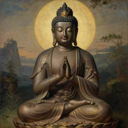 contented peaceful black!!! bodhisattva, praying meditating, in a scenic environment, detailed, portrait, neoclassical painting