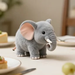 a mouse sized elephant standing on a dinner table