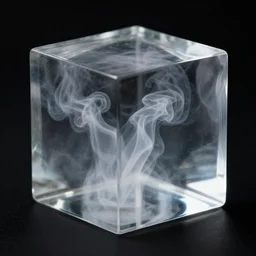 transparent 3 d glass cube filled with smoke on black background, realistic 8 k