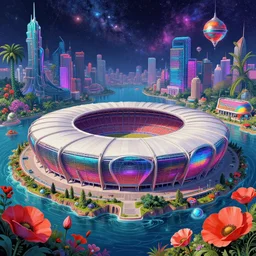 a beautiful hyperdetailed illustration of stadium building by georgia o'keeffe, sea cosmic galactic vice city dieselpunk gem flowers atlantis architecture island poppy retro tokyo thermal vision vaporwave retrowave rainforest, archdaily, wallpaper, highly detailed, trending on artstation.