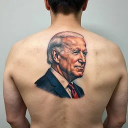 a man with a joe biden tattoo on his back, a tattoo by richard mortensen, reddit contest winner, tattoo