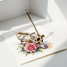 watercolor painting of scull with roses on white paper, bright, white table, white walls