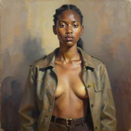 portrait in daring femininity, ethnic, realistic face sculpted features, fit and statuesque model, urban outfit with jacket and buckles, warm glow, bathed in light, chiaroscuro, specular highlights, angular impressionism, radiosity, natural color scheme, earthy tones, modern fashion, contemporary art, oil on canvas
