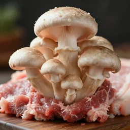 Raw meat that is growing mushrooms out of it, Realistic, HDR, HDD, Disgusting food
