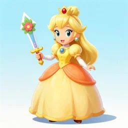 Princess Daisy in a yellow and orange dress holding a floral sword, digital image, pastel colors, high quality, 4k, 100lb cardstock