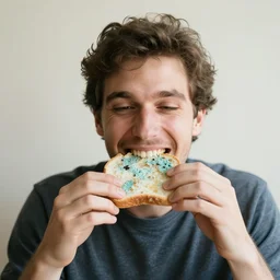 Man happily eating mouldy bread