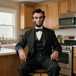 Color Photo of The Ghost of Abraham Lincoln sitting in my suburban kitchen, 2022, instagram