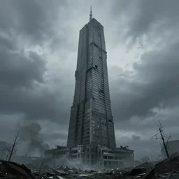 an invinite skyscraper in a cold dead world, apocalyptic, nuclear winter, bleak, cloudy, alena aenami