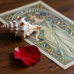 a single red rose petal rests on a wooden table next to an intricate seashell, close up view, dramatic lighting, DOF, art nouveau, intricate artwork by Raymond Swanland and Ruan Jia
