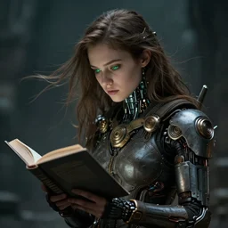 a girl reading a book, hair flowing down, scifi character portrait by greg rutkowski, esuthio, craig mullins, green eyes, cinematic lighting, dystopian scifi gear, gloomy, half robot, implants, steampunk