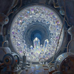 glittering crystal mine, futuristic equipment, oil painting, by greg rutkowski