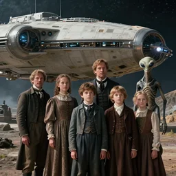 highly detailed, 524288k film still from a sci fi blockbuster color movie made in 2019, set in 1860, of a family standing in front of a spaceship that has just landed on an alien planet, a humanoid alien creature stands nearby, the family are all wearing 1860s era clothes, good lighting, good photography, in focus, human faces
