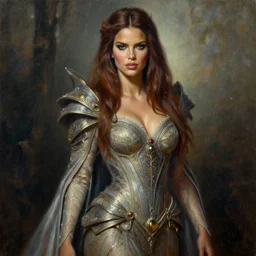 the portrait of adriana lima as amazon in intricate dress by roberto ferri, fantasy, witcher, very detailed oil painting, masterpiece, 8 k