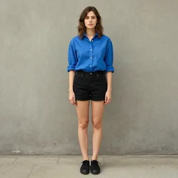 a woman in a blue shirt and black shorts, a picture by leila faithfull, tumblr, rasquache, full body,