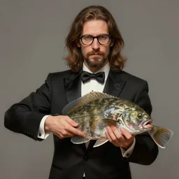 a german guy with very long brownish! hair, with glasses and stubble! beard on a tuxedo holding a flounder fish!, trade offer meme, digital painting, concept art, matte, art by artgerm