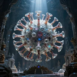 inside the temple of the virus god cult. large crystalline statue of a t 7 bacteriophage dominates the scene. horrifying beauty. behold the great virus! award - winning photograph hasselblad 1 6 k. lush detail and color. a shaft of light illuminates the crystalline virus. very very very beautiful