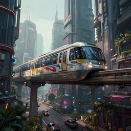 in an atompunk city with a monorail, highly detailed, 4k, HDR, award-winning, artstation, octane render