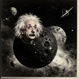 albert einstein black hole with albert einstein drifting in space, vintage