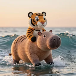 a closeup photorealistic photograph of a knitted tiger hippopotamus that is riding a large wave during sunset. surf in the background. professional capture. brightly lit scene. this 4 k hd image is trending on artstation, featured on behance, well - rendered, extra crisp, features intricate detail, epic composition and the style of unreal engine.