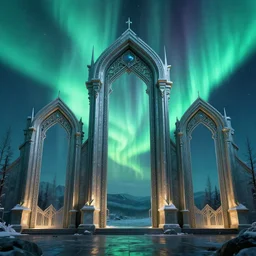 a very detailed concept art of intricate gates to aurora borealis, trending on artstation, symmetry, digital art, 4 k, hyper realistic, octane render, sharp focus