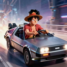 still of Luffy from One Piece driving the DeLorean time machine in the Back to the Future movie