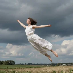 portrait of a levitating girl dressed in white clothes, countryside, calm, fantasy character portrait, dynamic pose, above view, sunny day, thunder clouds in the sky, artwork by Jeremy Lipkin and Giuseppe Dangelico Pino and Michael Garmash and Rob Rey, very coherent asymmetrical artwork, sharp edges, perfect face, simple form, 100mm