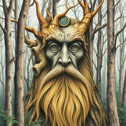 camouflage art ; the trees make the face of a wise old hassid with a long beard dreamy surrealism, masterpiece, golden mean, line art color pencil, watercolor, award winning by bev doolittle